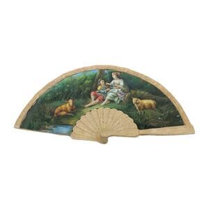 Hand Painted Pastoral Couple Scene R. Wilson In Fan Shaped Frame 21" Vintage